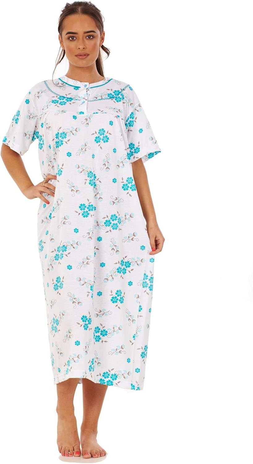 Apparel Women Long Nightdress 100 Cotton Floral Button Short Sleeve