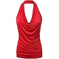 FASHIONOLIC Women's Halter Neck Front Draped Backless Tank Top Made in USA (S-3XL)