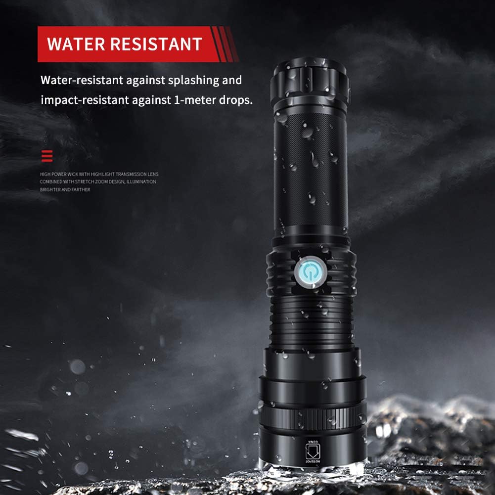 Handheld Flashlight 7100 Lumen with 26650 rechargeable Batteries LED Tactical Flashlight Zoomable 2 Modes Adjustable Focus Water Resistant for Camping Hiking Outdoor Biking Emergency - - 
