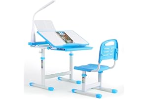 MAMIZO Kids Desk and Chair Set, Children School Study Desk Set with 40 Degree Tilt-able Desktop, Multi-Func Height Adjustable Table and Chair w/LED Light, Pull Out Drawer, Book Stand, Hook (Blue)