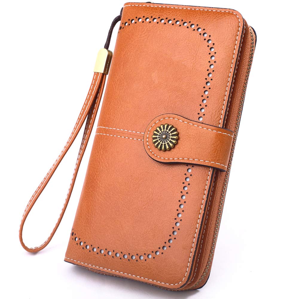 MEEGIRL Leather Purses for Women with Multi Card Slots and Wrist Strap (Brown)