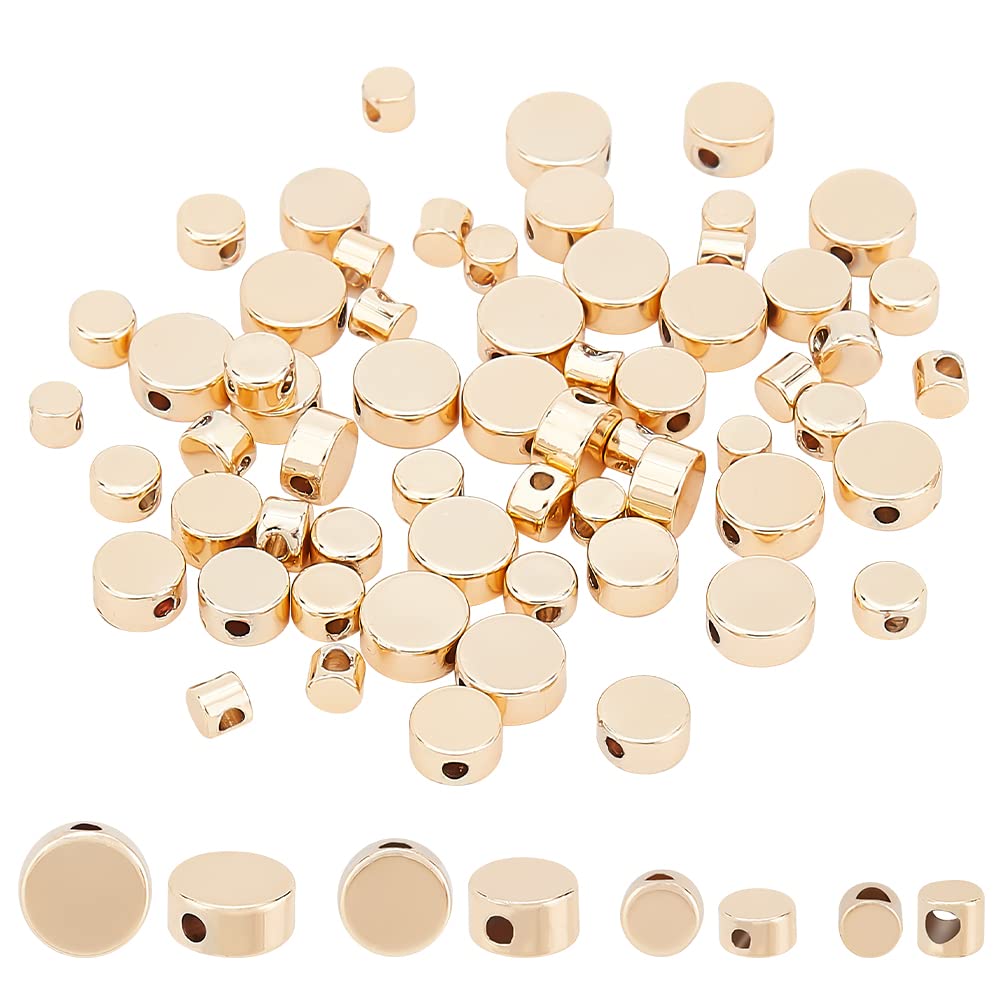 BENECREAT 64Pcs Real 14k Gold Plated Spacer Beads，4 Styles Smooth Round Beads Gold Spacers Flat Round Brass Metal Spacer Beads for DIY Jewelry Making Findings and Other Crafts