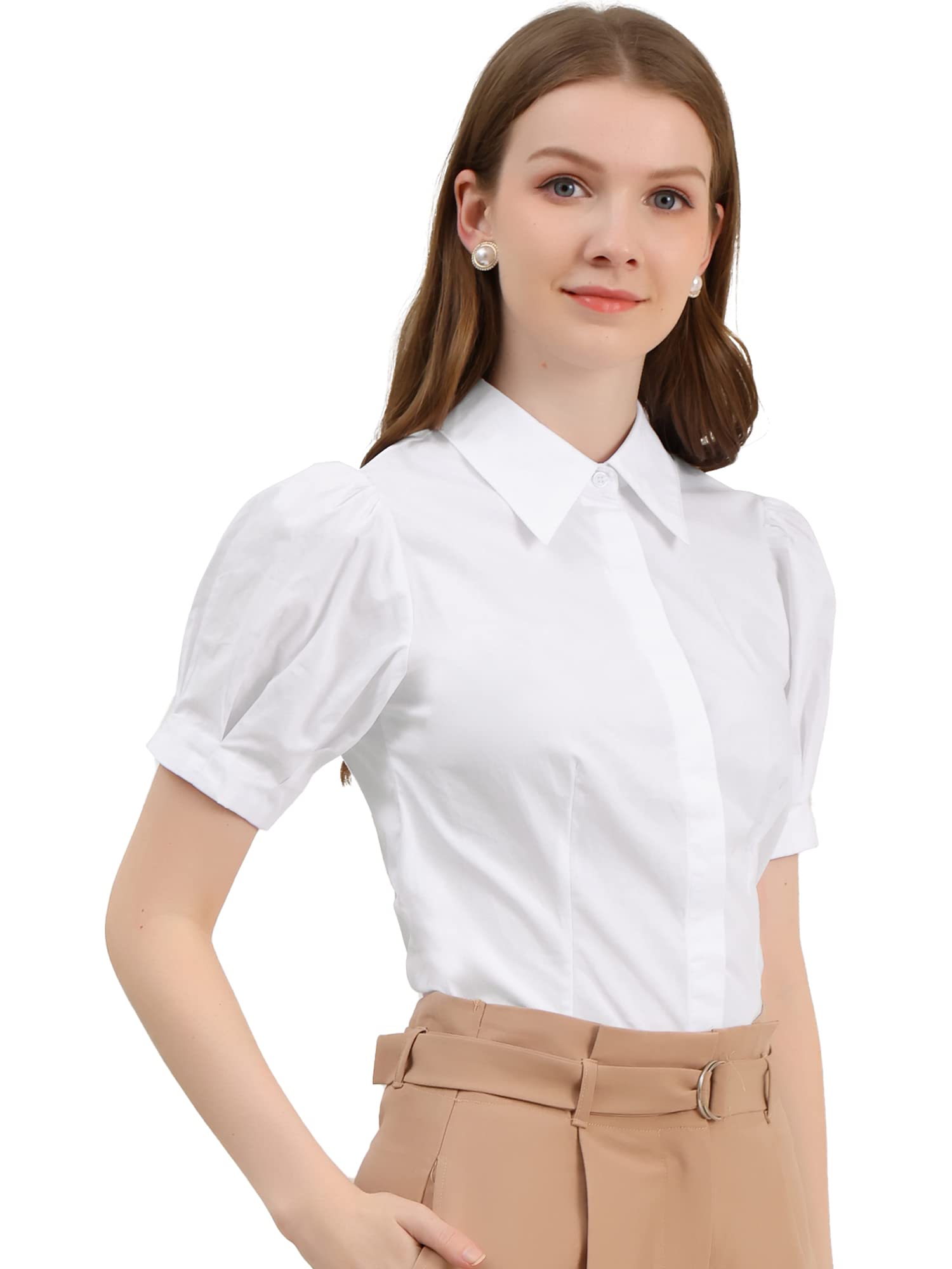 Photo 1 of Allegra K Women's Work Office Button Down Shirt Puff Sleeve Collared Short Sleeve Fashion Top 3X-Large Whites