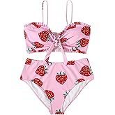 WDIRARA Women's Plus Size Strawberry Print 2 Piece Swimwear Knot Front Ruffle Trim Bikini Swimsuit