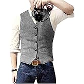 Ceehuteey Mens Suit Vest Waistcoat Tweed Retro V Neck Wool Herringbone for Prom