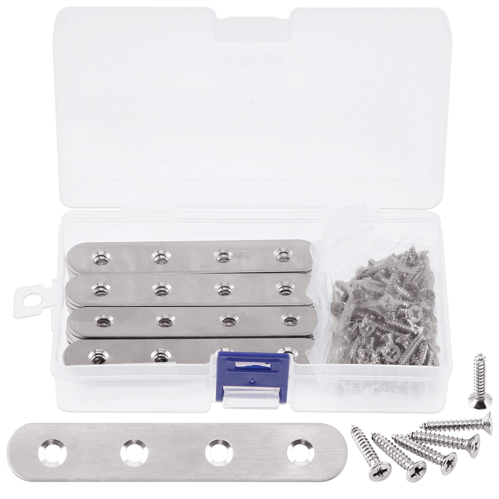 Glarks 20 Sets 100mm/4inch Stainless Steel Flat Straight Brace Brackets Mending Joining Plates Repair Fixing Bracket Connector and 80pcs Self Tapping Screws Set (100mm/4inch)