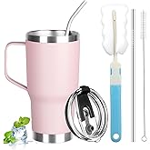 GUDEMAO 20 oz Tumbler with Handle, Stainless Steel Insulated Tumbler with Lid and Straw, Double Wall Vacuum Coffee Mug Tumbler, Insulated Coffee Thermal Cup for Cold and Hot (Pink)
