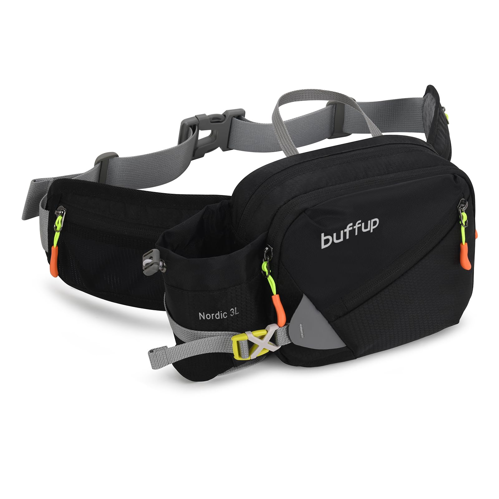 buffup Lightweight Sports Bum Bag with Bottle Holder,Waist Pack for Hiking,Running,Cycling & Outdoor Adventures (Black·)