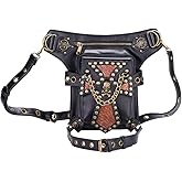 FiveloveTwo Steampunk Vintage PU Leather Waist Pack Hiking Fanny Pack Small Purse Multi-Purpose Tactical Drop Leg Arm Shoulder Bag with Hip Belt Black