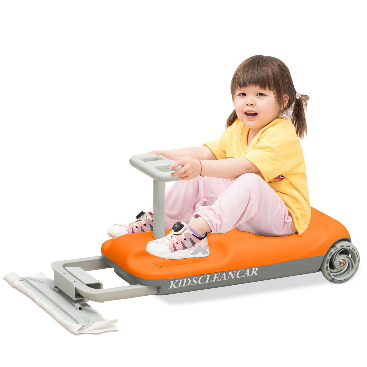 Photo 1 of 12V Ride-On Car with Cleaning Fun, 3 in 1 Gokart, Soft-Start, 5-Speed Adjustable, Detachable mop, Rechargeable Battery, 160lbs Capacity, Indoor & Outdoor for Kids Ages 3+ Orange