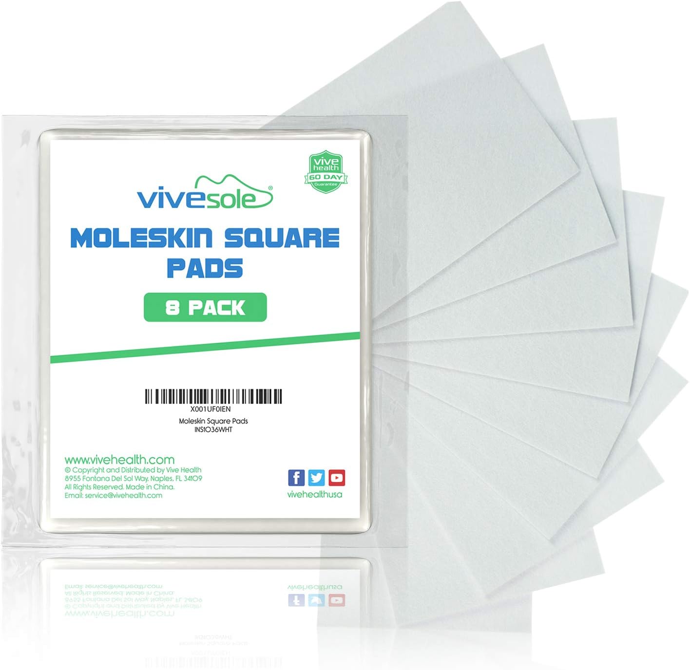 ViveSole Moleskin for Feet (8 Square Bandages) - Self Adhesive Blister Prevention Pads, Toes, Sore Spots - Large Precut Heavy Duty Aid Tape, Fabric Padding for Shoe Friction, Heel Callus Pain: Health & Personal Care