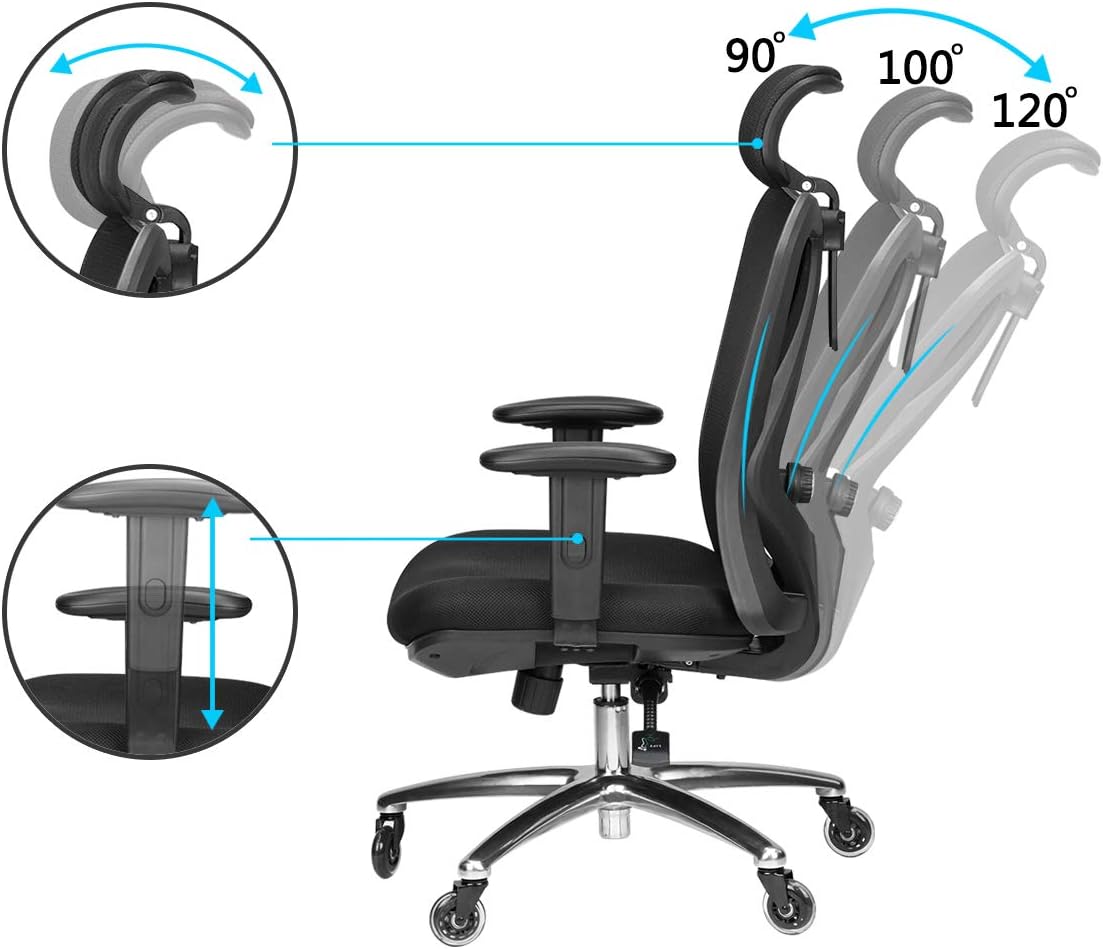 Duramont Ergonomic Adjustable Office Chair with Lumbar Support and Rollerblade Wheels - High Back with Breathable Mesh - Thick Seat Cushion - Adjustable Head & Arm Rests, Seat Height - Reclines: Office Products