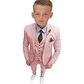 Manshidi Boys Tuxedo Slim Fit Suit Three Piece Tuxedo Suits for Boys Formal Suits Wedding Outfit Blazer Vest Pants Set,Pink Size8-9