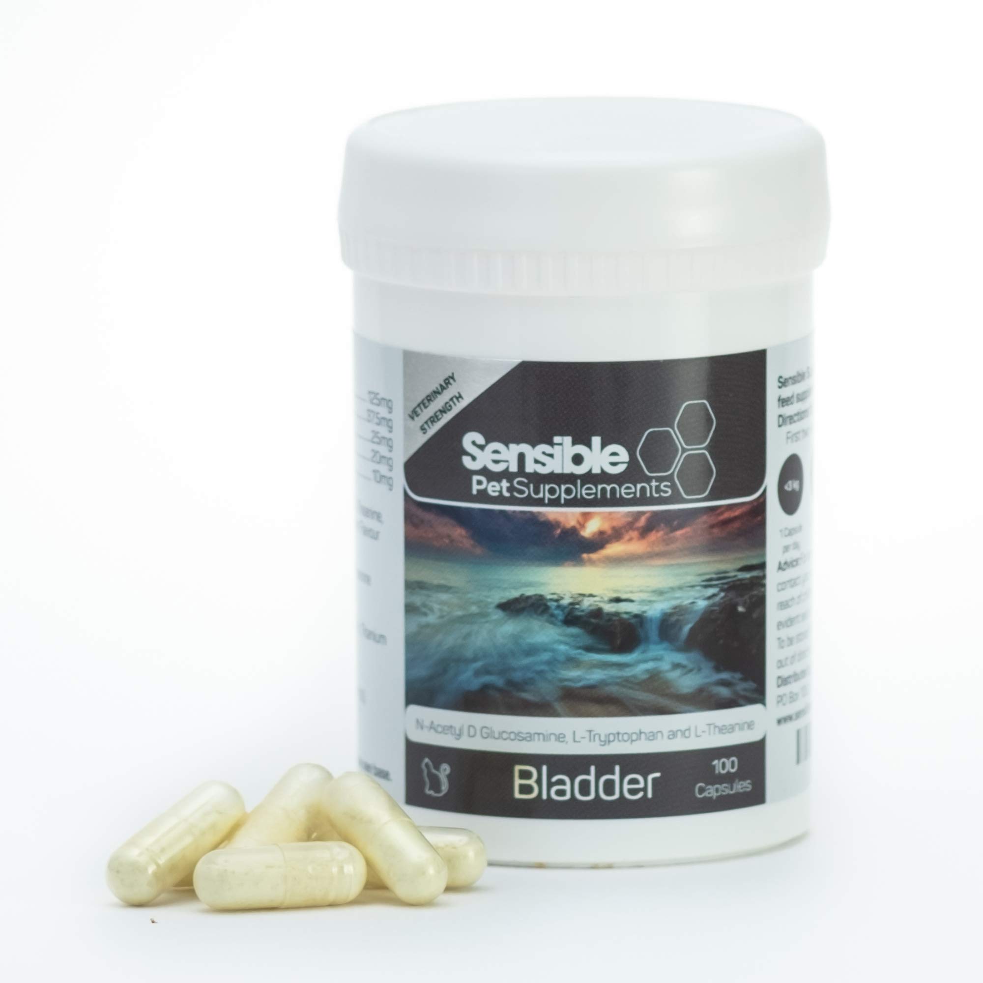 Sensible Pet Supplements 'Bladder'. Urinary support supplement for cats. Containing N-Acetyl D Glucosamine, L-Tryptophan and L-Theanine. 100 sprinkle capsules.