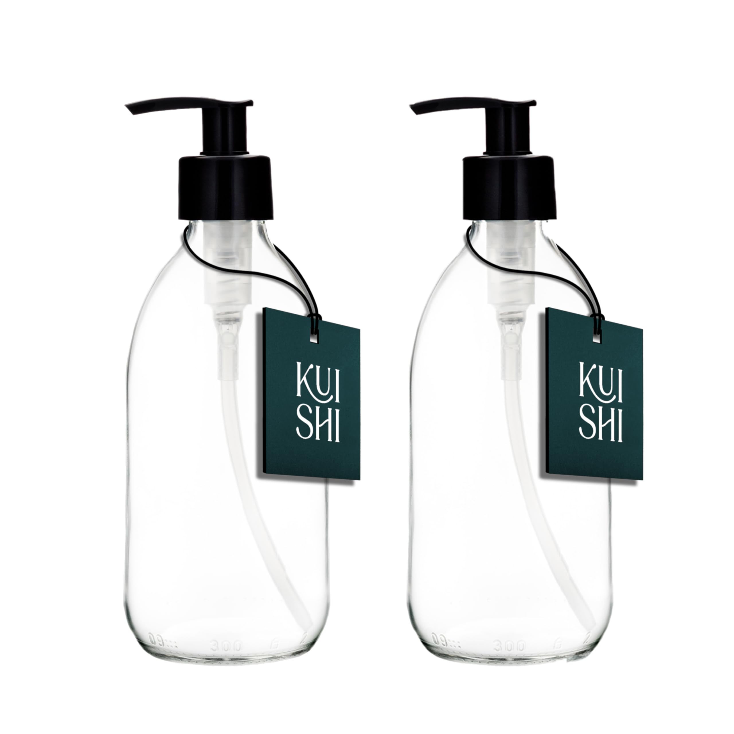 Kuishi 300ml Glass Soap Dispenser with Black Plastic Pump - Pack of 2 Refillable BPA-Free Hand Soap Dispenser for Kitchen & Bathroom, Clear