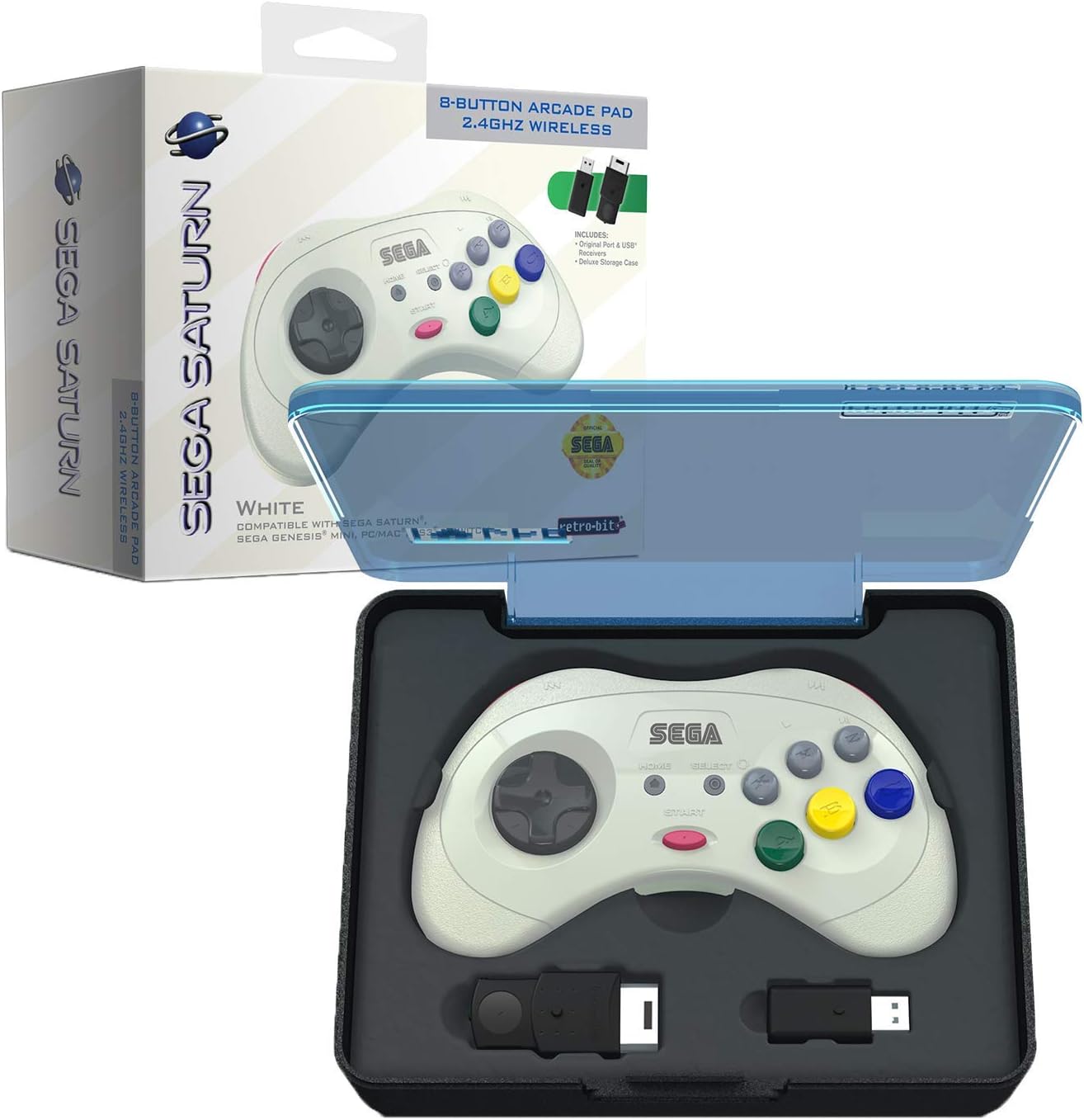 Retro-Bit Official Sega Saturn 2.4 GHz Wireless Controller 8-Button Arcade Pad for Sega Saturn, Sega Genesis Mini, Switch, PS3, PC, Mac - Includes 2 Receivers & Storage Case - White: Computers & Accessories