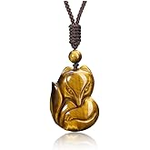 Jovivi Natural Tiger Eye/Ice Obsidian/Fluorite Fox Necklace Healing Crystal Gemstone Necklaces Pendant Protection Amulet Charm
