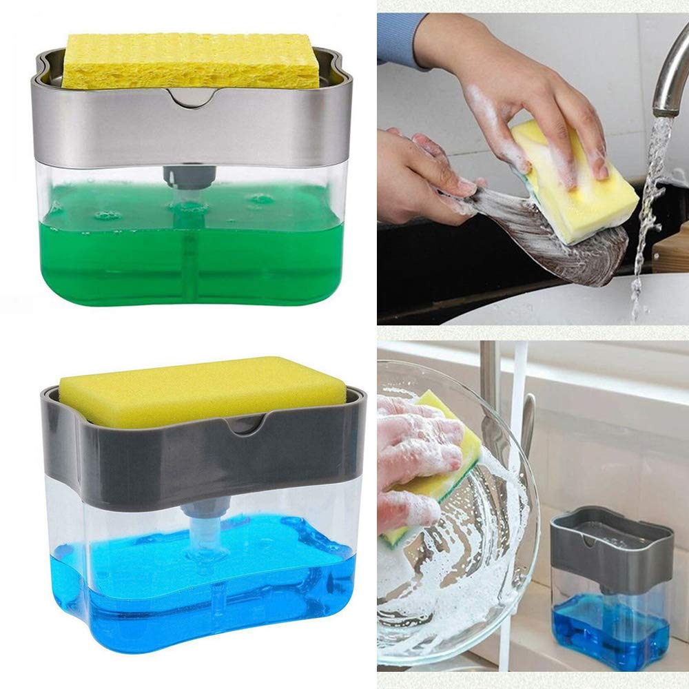 Washing Up Liquid PUMP DISPENSER & SPONGE Set -Pump Action Liquid Dish Soap Dispenser