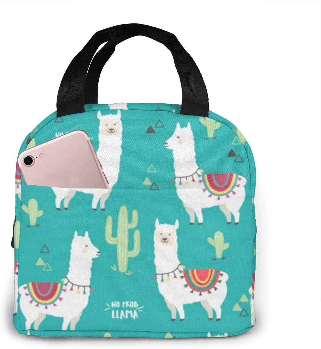 Women Men and Kids Llama Alpaca Cactus Mint Green Lunchbox for Office School Work, Polyester Insulated Interior Totebag Lunch Organizer, Non-Toxic Storage Bag Container Food Bag