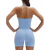 SUUKSESS Womens 2 Piece Workout Sets Padded Halter Tank Top Gym Sets Seamless Tummy Control Biker Shorts for Athletic