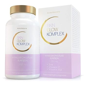 beautéecore Skin Glow Komplex - 90 vegane Hyaluronsäure Kapseln - 350 mg hochdosiert mit Zink, Vitamin C und Vitamin B12 - Ma