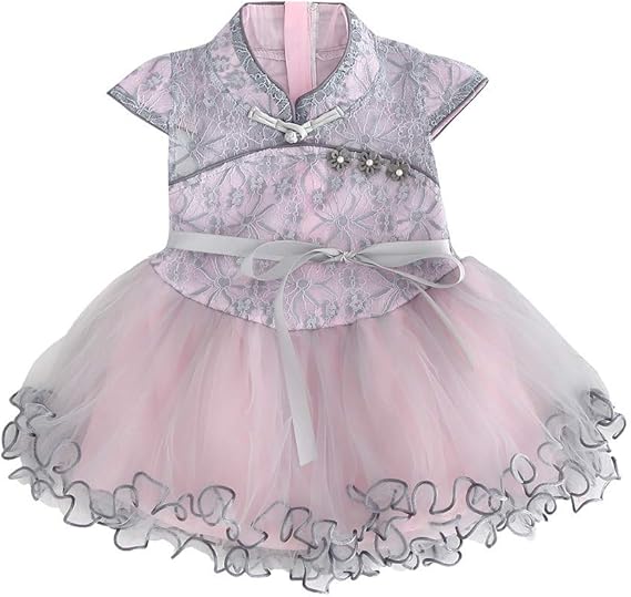 Amazon 女の子 チャイナドレス レース柄 Yumiki 春夏 キッズ中華服 切り替え ワンピース ふんわり チュールスカート 刺繍 民族衣装 中国風 かわいい スカート グレー M フォーマル 通販