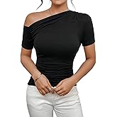 SOLY HUX Women's Off The Shoulder T Shirt Ruched Short Sleeve Slim Fit Tee Summer Going Out Tops