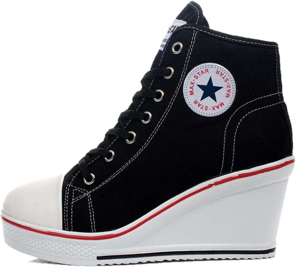 Girls Wedge Canvas Shoes High Top Lace Up Buckle Pump Sneaker Shoes Canvas Shoes