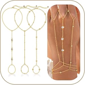GIFTPARTY 3pcs Hand Chain, Dainty Gold Bracelet, Ring Bracelet Hand Chain | 14k Gold Plated Hand Chains, Bracelet Ring Hand C