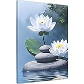 Lwlaboc Lotus Flower Pictures Bathroom Decor,Floral Canvas Wall Art for Living Room,Spa Zen Decor White Lotus Print Paintings Artwork Framed 12x16 inches