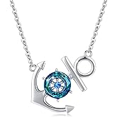 AOVEAO Anchor Necklace for Women, 925 Sterling Silver Boat Anchor Ocean Sailor Necklace, Austrian Circle Crystal Nautical Jewelry Blue Ship Wheel Pendant Inspirational Gifts for Best Friend