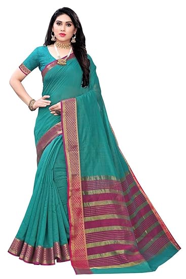 Womens Green Color Cotton Silk Saree With Blouse Piece (SOFIYA GREEN_Free Size)