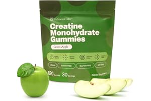VYBRANCE LABS Creapure Creatine Gummies 5g + Taurine & B12 - Sugar-Free, Vegan, Gluten-Free - Green Apple - 120 Count (30 Servings) for Strength, Energy & Focus