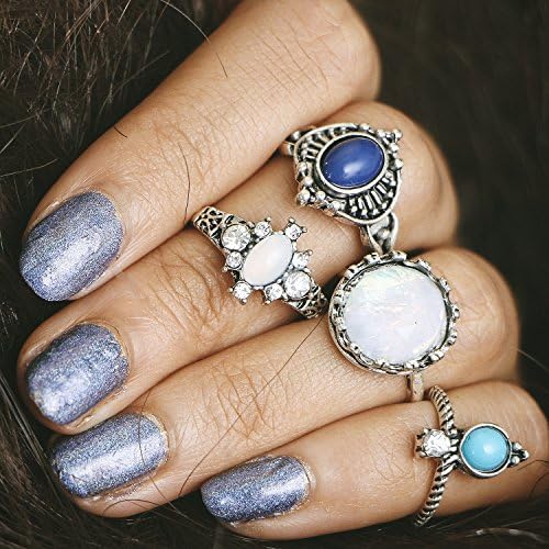 Setita 4 Pieces Turkish Turquoise Retro Joint Knuckle Nail Midi Ring Set Trendy Boho Ring Set