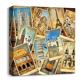 Canvas Wall Art Vintage City Collection Painting Artwork for Home Prints Framed - 12x12 inches