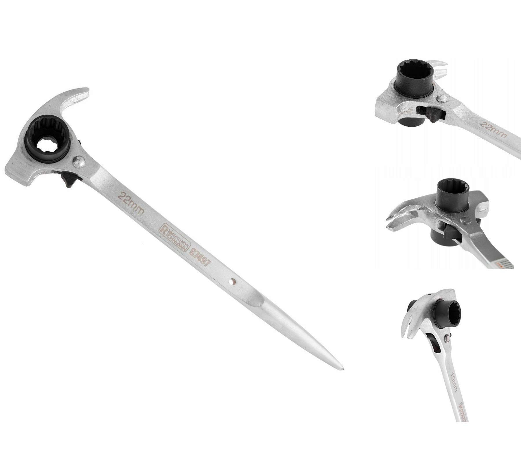 4-in-1 Scaffold Wrench (19/22) - Hammer + Nail Puller + Conical Punch & Reversible Ratchet - 12-Point Scaffold Ratchet - Professional Ratchet Wrench Chrome-Vanadium Steel (Cr-V) - with 72 Teeth