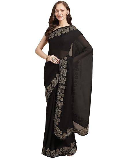Womens Satin Georgette Swarovski with cut work Saree[Black ]