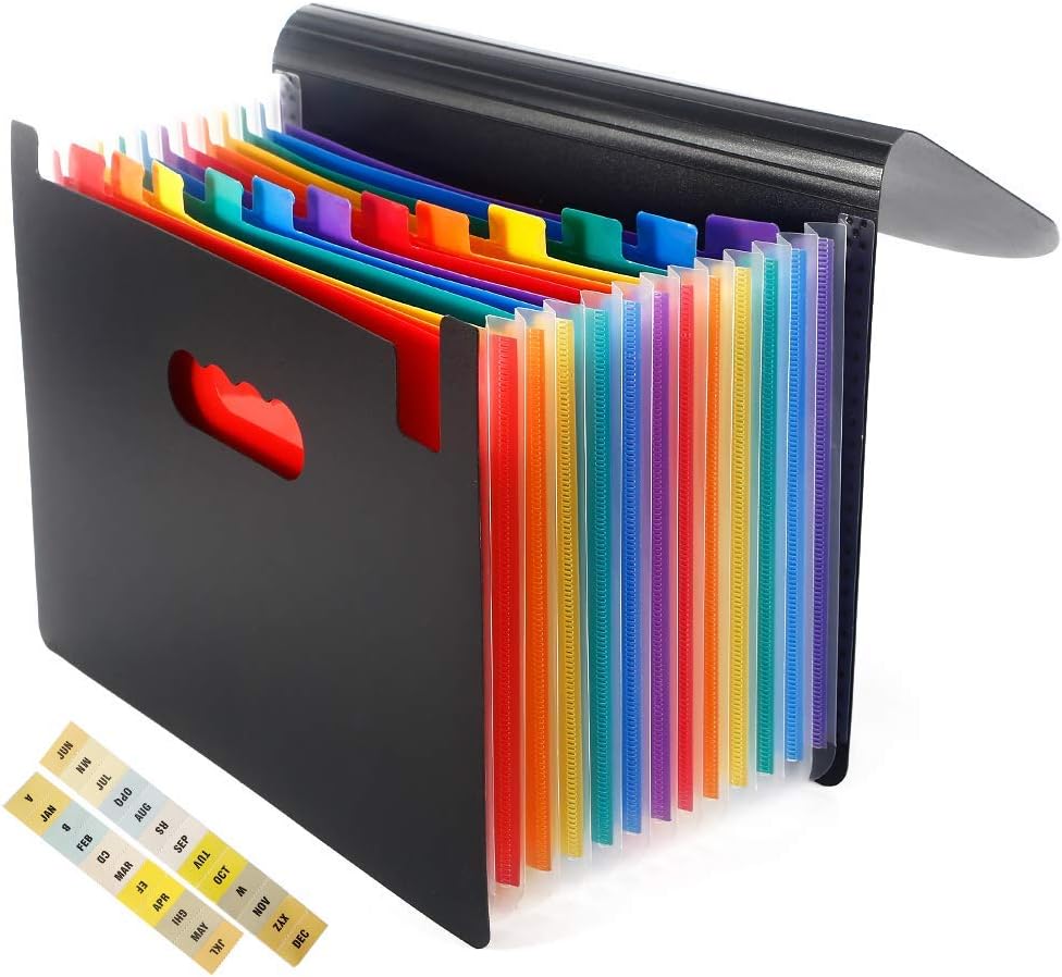 12 Pocket Expanding File Folder with Cover - Rubber Band Large Plastic Rainbow Expandable File Organizer Self Standing Accordion A4 Document Folder Wallet Briefcase Business Filing Box