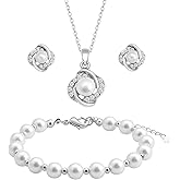 Bridesmaid Jewelry Set for Women 18K Gold & Silver & Rose Gold Plated Love Knot Pendant with Pearl Necklace Earrings Bracelet Set,Bridesmaid Gift for Wedding/Proposal/Party/Anniversary