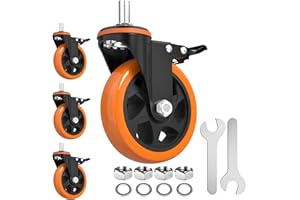JIN FU TOU Caster Wheels Heavy Duty 5 Inch Stem Caster 2400Lbs, Threaded Stem Casters 1/2"-13 x 1(Stem Diameter 1/2", Stem Length 1"), Safety Locking Caster Set of 4, Industrial Castor Wheels for Cart,Furniture