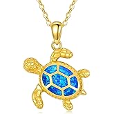 Blocaci 14K Gold Sea Turtle Necklaces for Women Yellow Gold Turtle Pendant Necklace with Opal October Birstone Necklace, 16''-18''