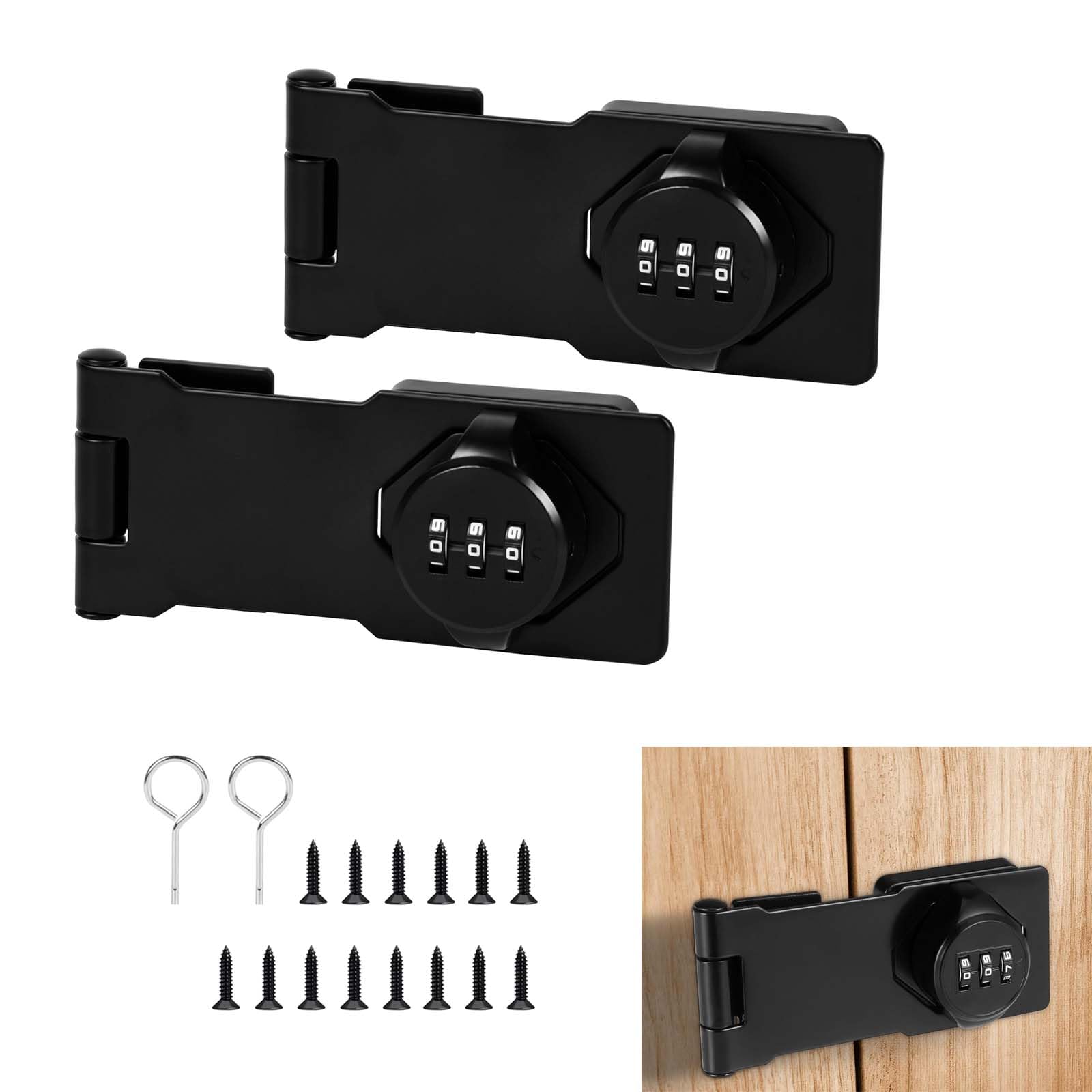 2PCS 3.8Inch Black 90-180 Degree Rotary Cabinet Locks - Hasp Latch Barn & Garden Combination Door Lock with Screws