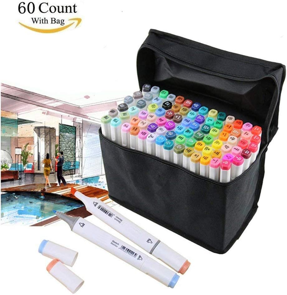 60 Colors Dual Tip Twin Marker Pens Set, Artist Permanent Sketch Manga Marker Pens for Portrait Illustration Drawing Coloring Based Art Markers (White)