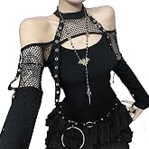 TSMNZMU Women Gothic Crop Tops - Long Sleeve Mesh Halter Shirts - Y2K Punk Grunge Aesthetic Emo Alt Tops for Girls