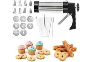 Churro Maker Machine & Cookie Press Kit, Includes 8 Dough Discs and 9 Nozzles for Icing Piping Set, Stainless Steel Jerky Gun