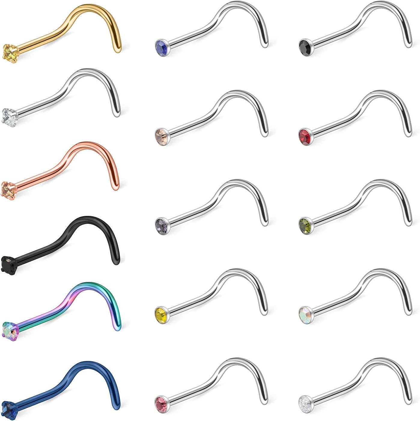 Hoeudjo 18G Surgical Steel Mix Color Diamond CZ Nose Stud Rings L Shaped Screw Bone Nostril Pin Piercing Jewelry 1.5mm 2mm 2.5mm 3mm 16PCS