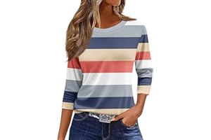 DBOWMN Tshirts Shirts for Women Crewneck 3/4 Sleeve Business Casual Tops for Women Striped Print Tees Summer Blouses