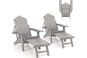 ORALNER Set of 2 Folding Adirondack Chairs with Adjustable Backrest, Retractable Ottoman, Cup Holder, HIPS Plastic Resin Outd