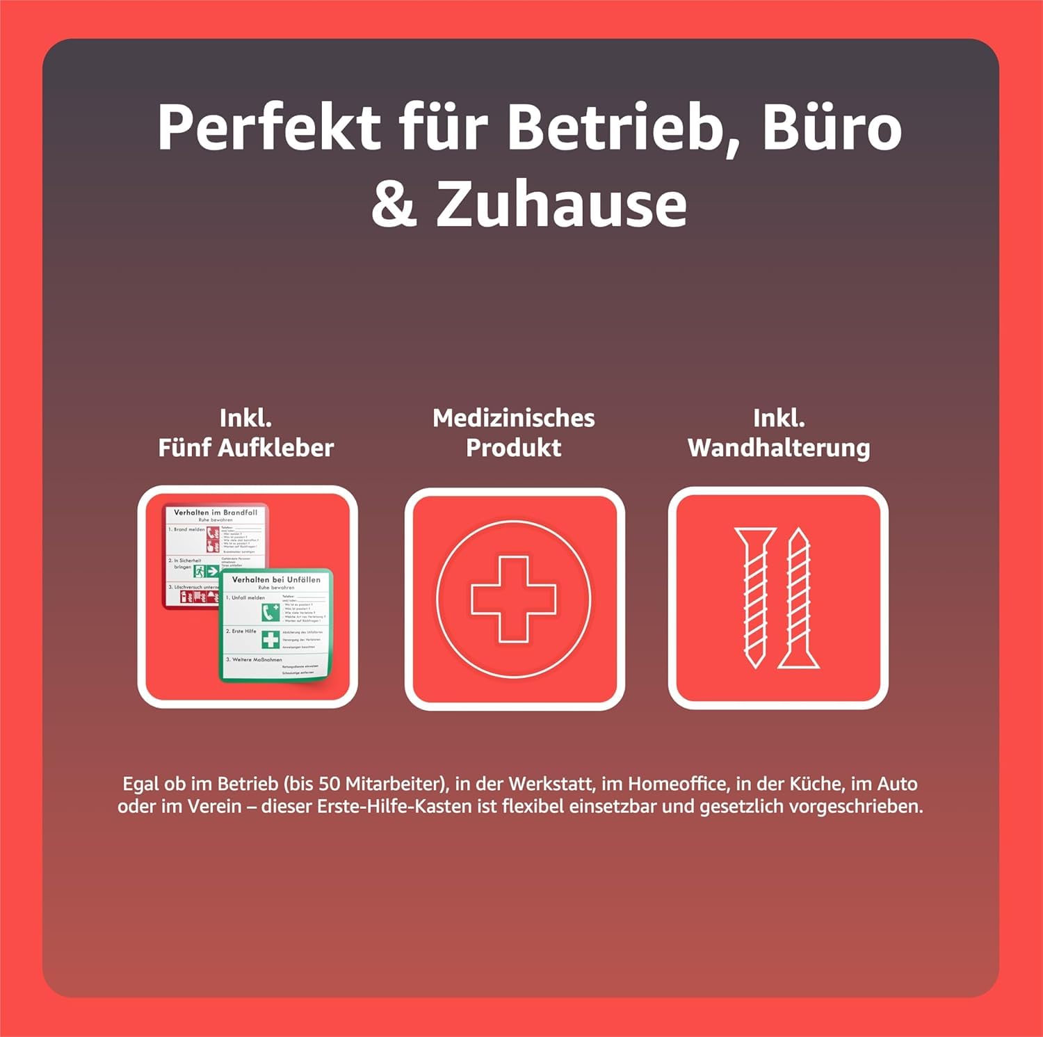 Erste Hilfe Kasten - DIN 13157 Koffer für Unternehmen & Betriebe - Verbandskasten orange nach aktueller Norm geprüft - Mit Aufkleber & Wandhalterung 5