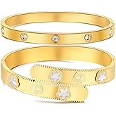 Friendship Love 2Pcs Set Bracelet for Women 18K Gold Plated Stainless Steel with Crystal Bangle Cuff Jewelry
